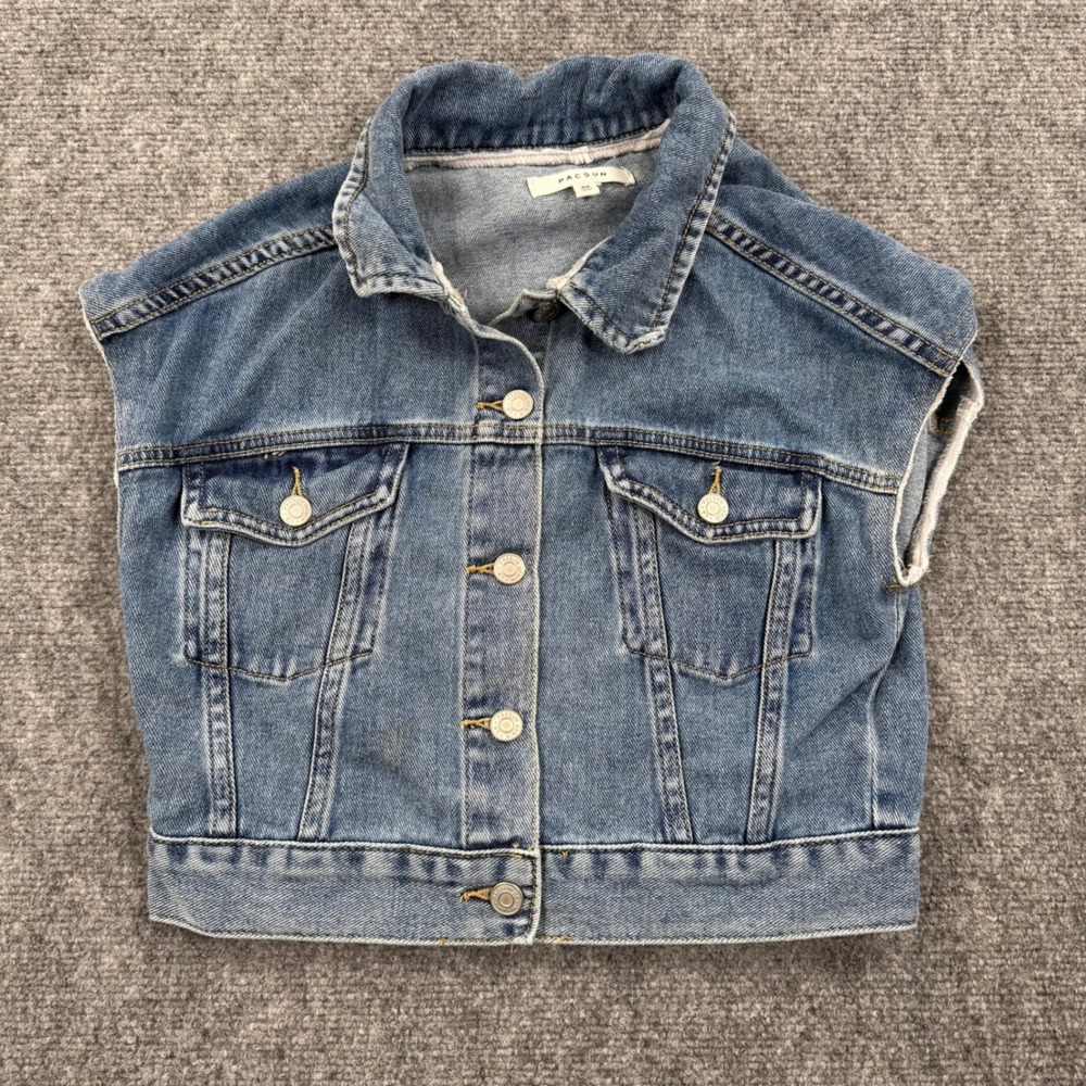 PacSun Women XS Blue Denim Cropped Vest Raw Hem Sleeveless Jacket Flaw